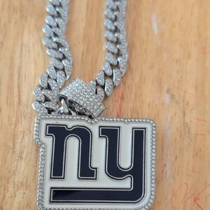 Unk Silver Cuban Chain Necklace with Navy and White 'ny' Pendant